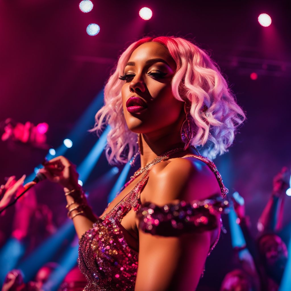 Doja Cat performing live on stage at a UK concert venue.
