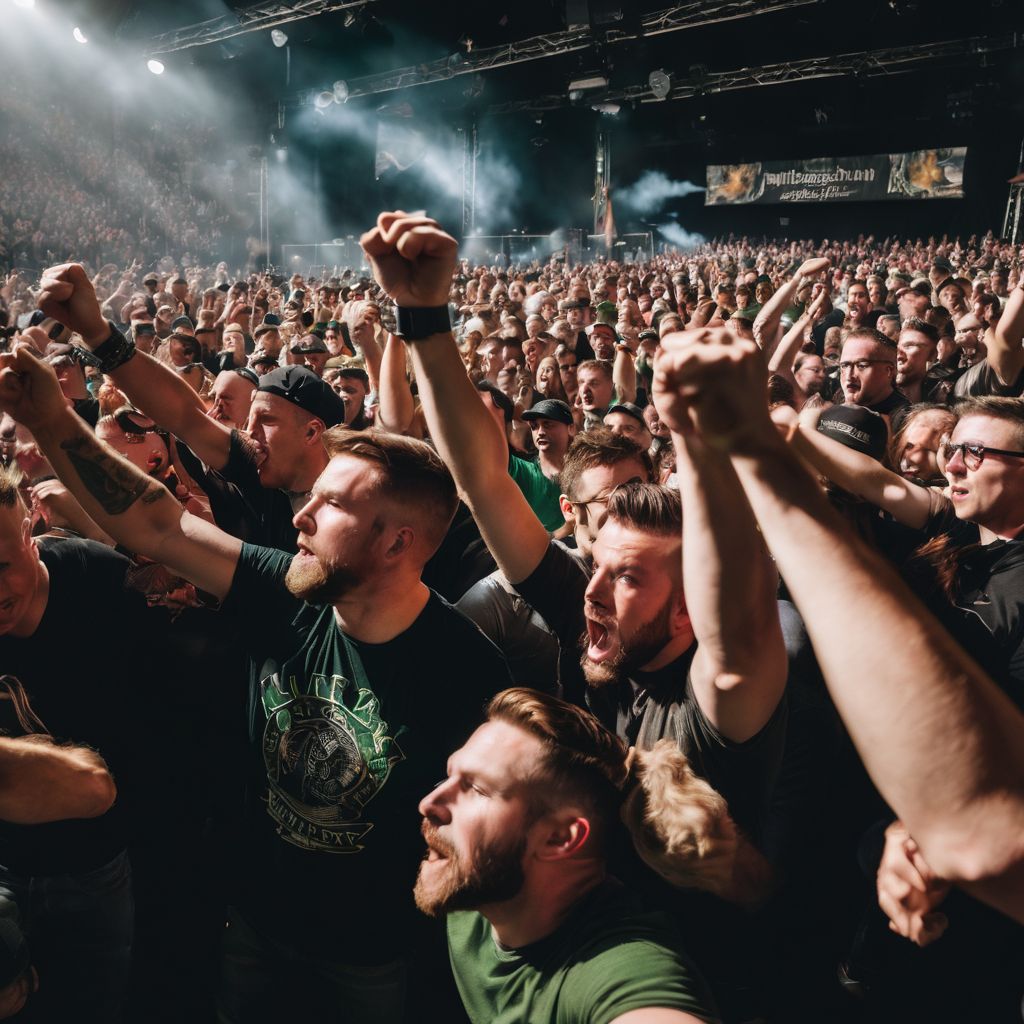 Fans cheering at a Dropkick Murphys concert in a bustling atmosphere.