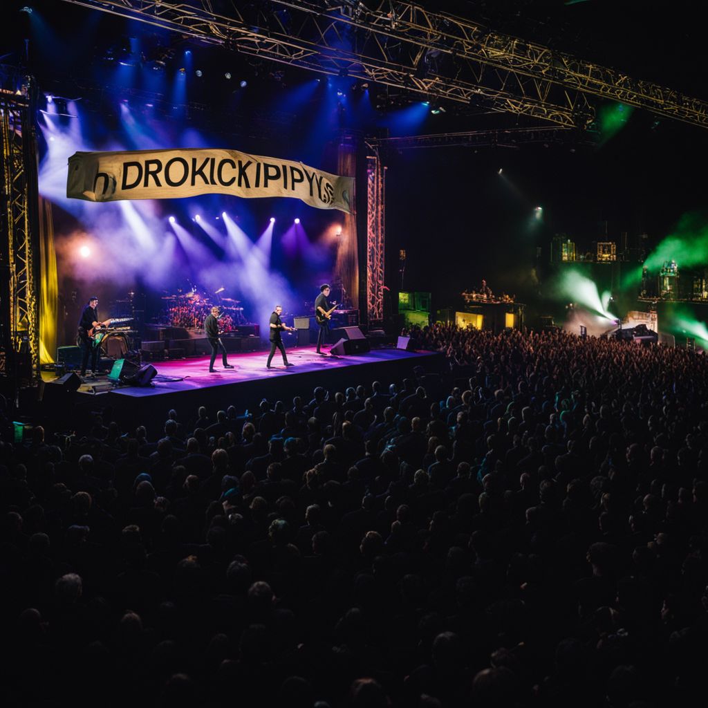 An empty concert stage with the Dropkick Murphys banner and diverse audience.