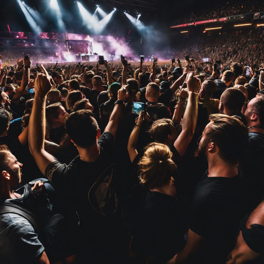 A lively crowd of fans at a Disturbed concert in a bustling city.