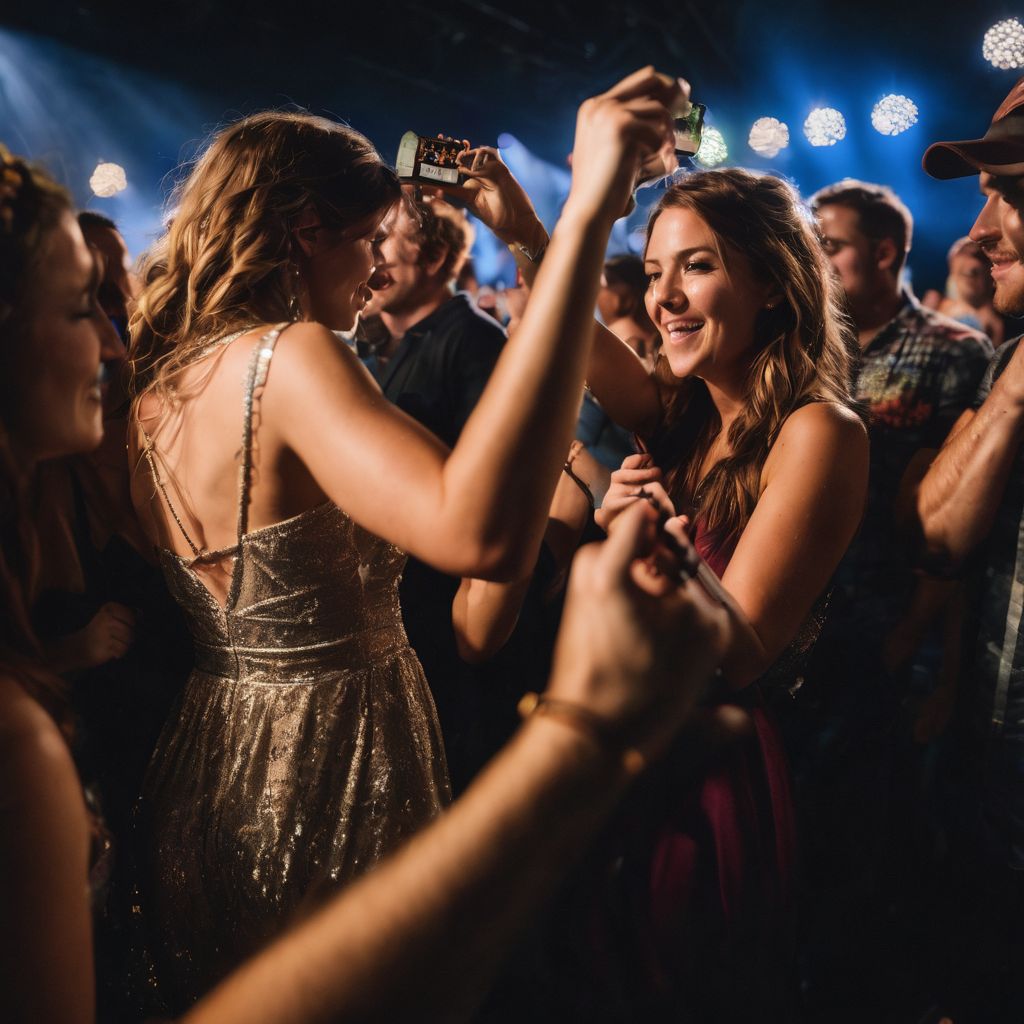 A lively Eli Young Band concert with fans dancing under string lights.
