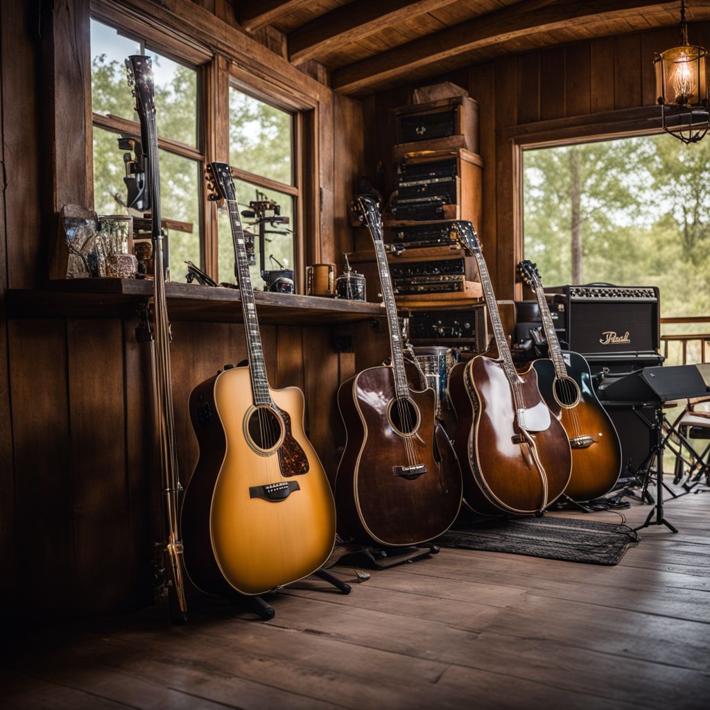 A photo of The Eli Young Band's instruments on a rustic stage with country decorations.