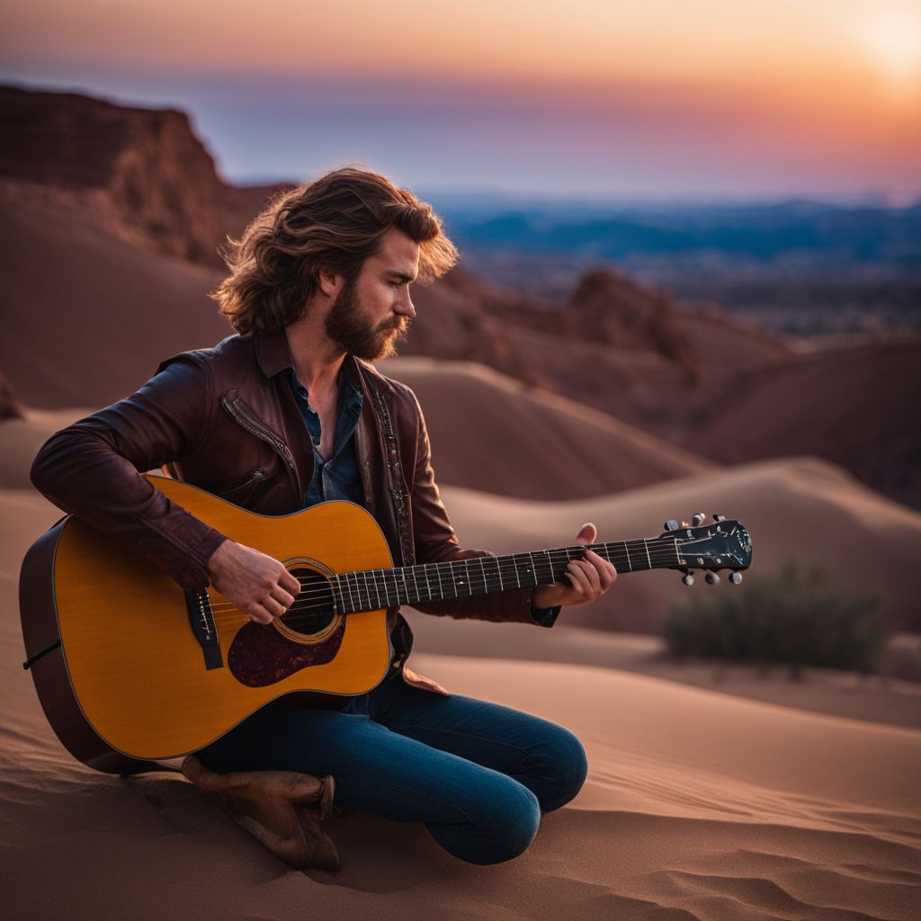 A guitarist performing on a desert stage at sunset.