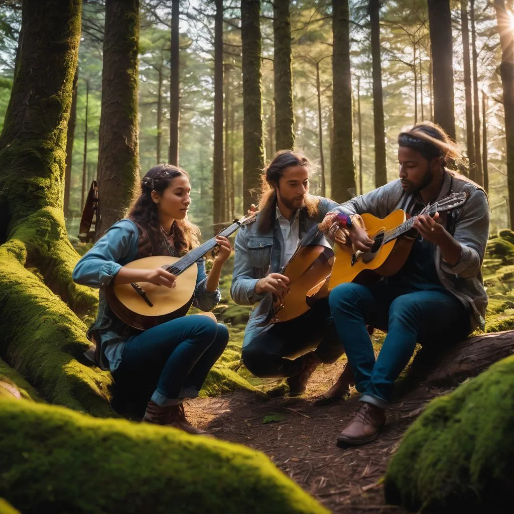 A group of musicians playing folk instruments in a forest clearing.
