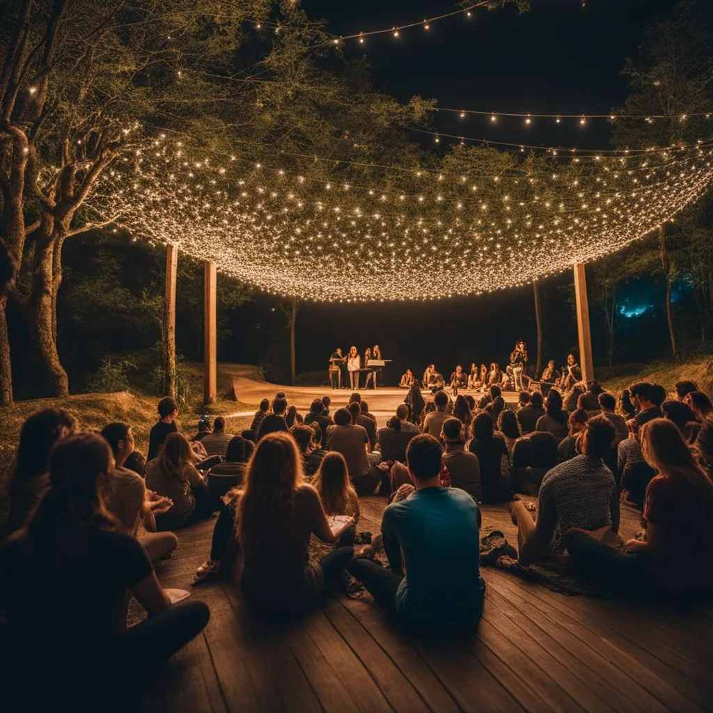 Crowd enjoying outdoor event in amphitheater surrounded by nature.