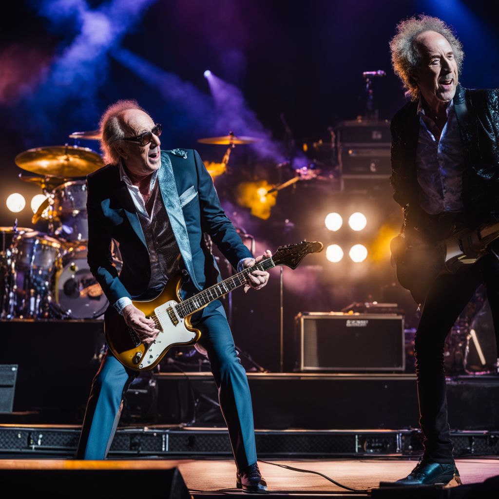 Mick Jones performing with Foreigner at a lively amphitheater concert.