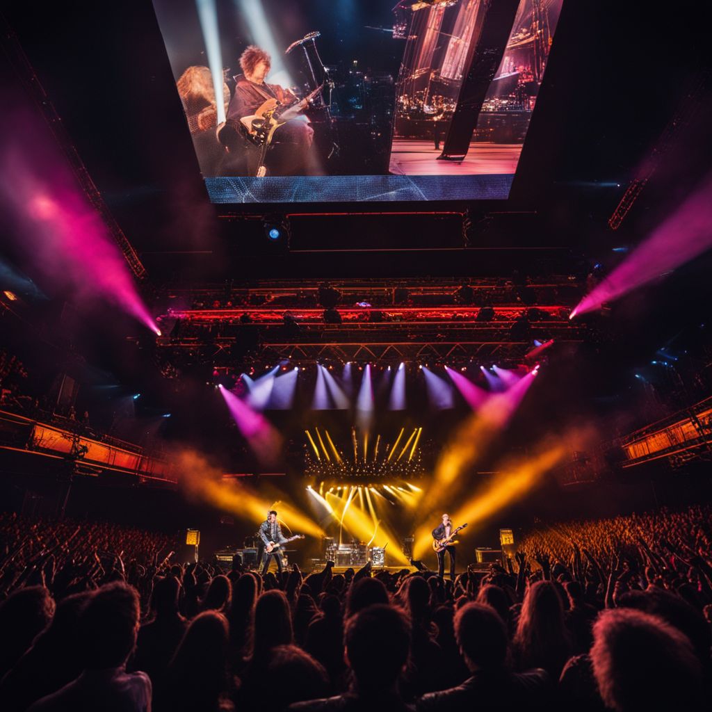 A vibrant concert stage with Foreigner's logo and diverse audience.