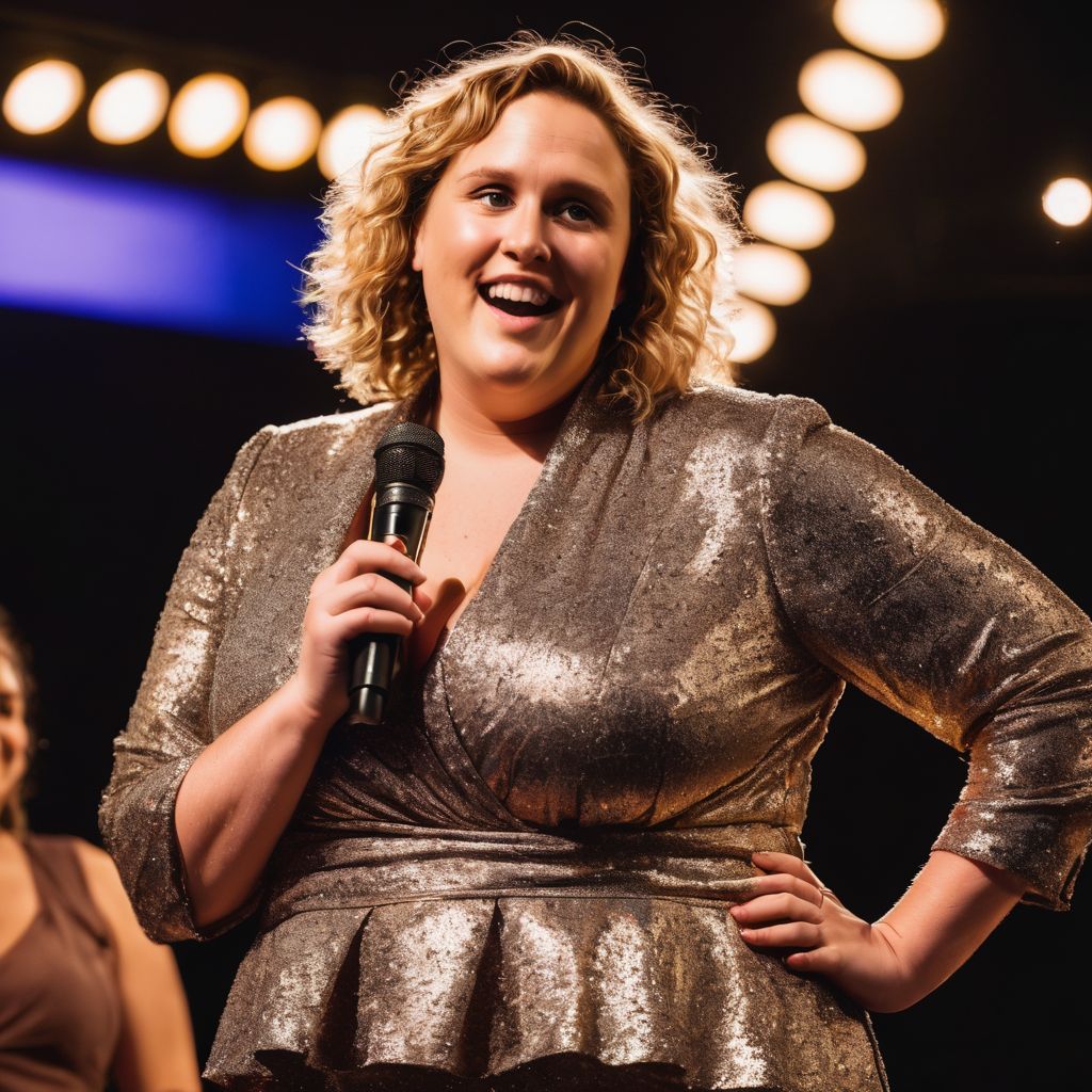 Fortune Feimster performing stand-up comedy in front of a lively audience.