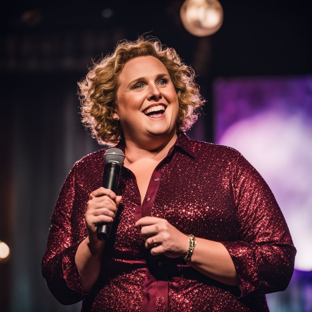 Fortune Feimster performing stand-up comedy on stage at a Comedy Club.
