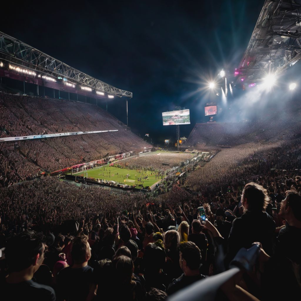 Passionate fans cheer at Green Day's concert in a filled stadium.