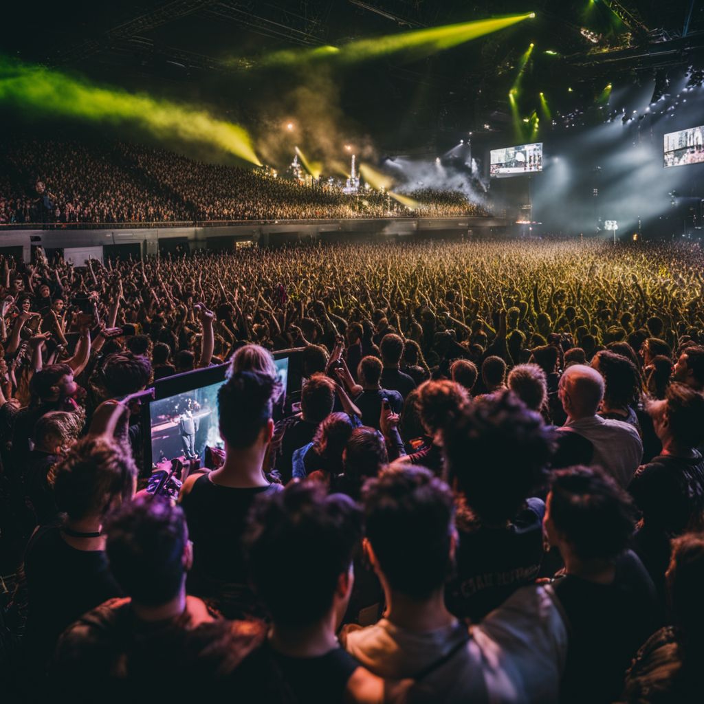 A crowded outdoor concert with passionate fans and bustling atmosphere.