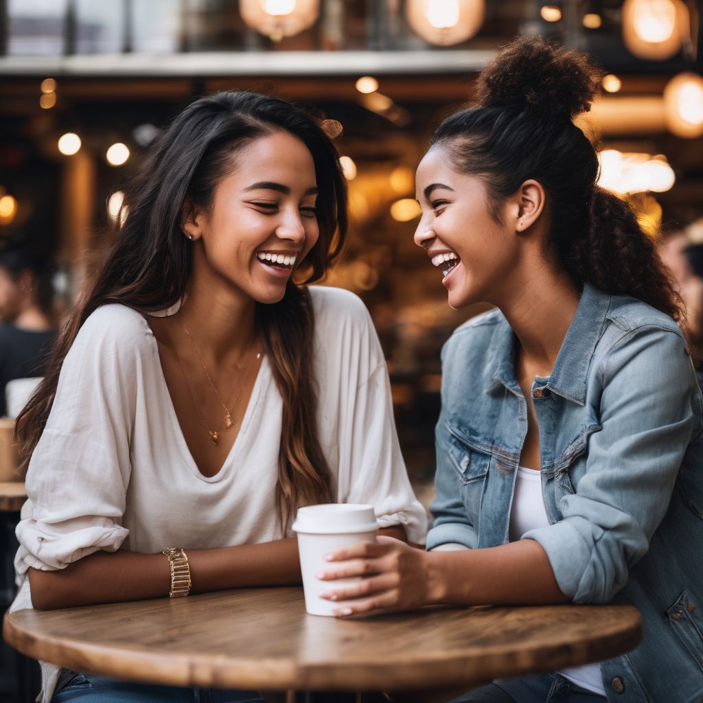 Two girlfriends enjoy coffee and conversation in a bustling city café.