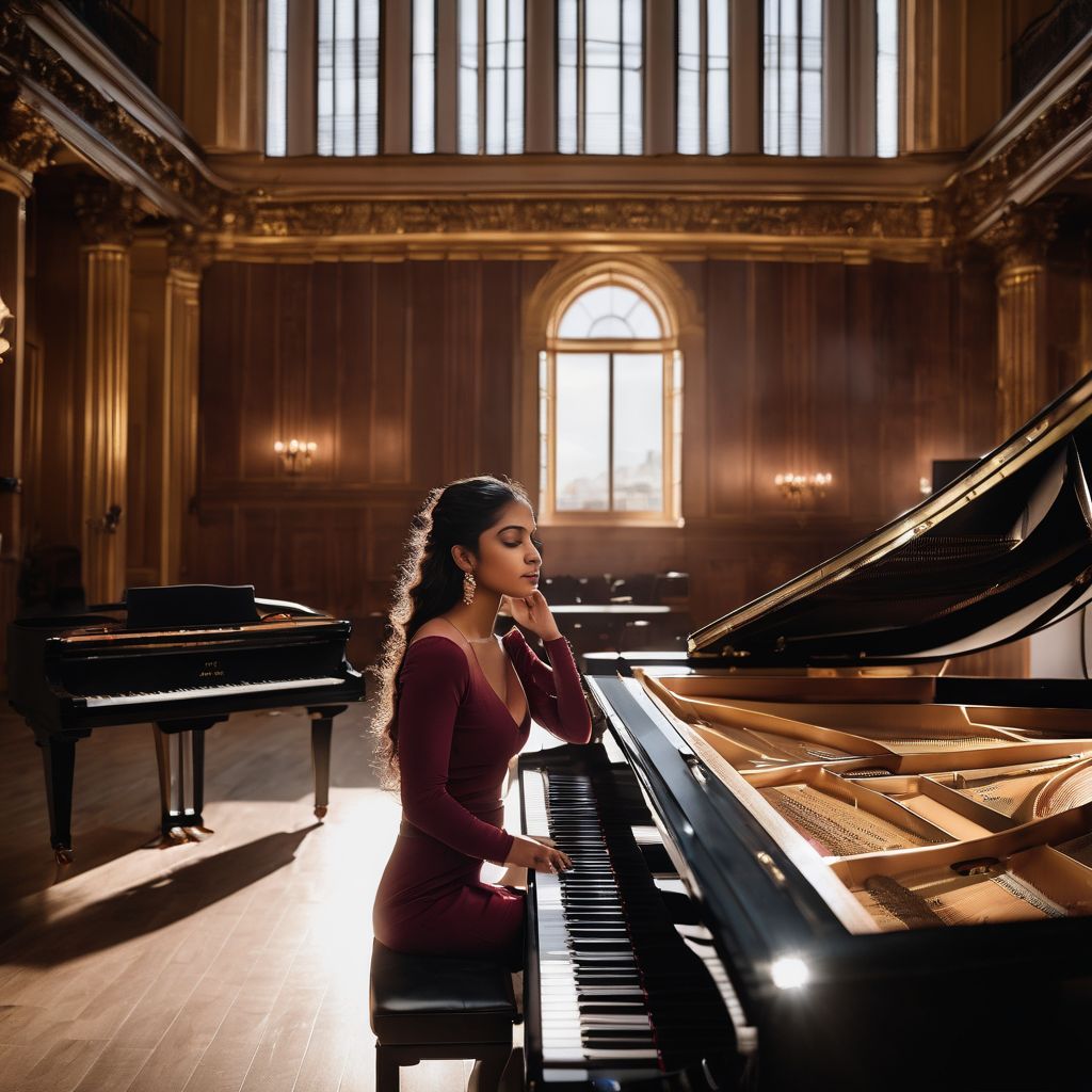 Hania Rani practices piano in a sunlit concert hall.