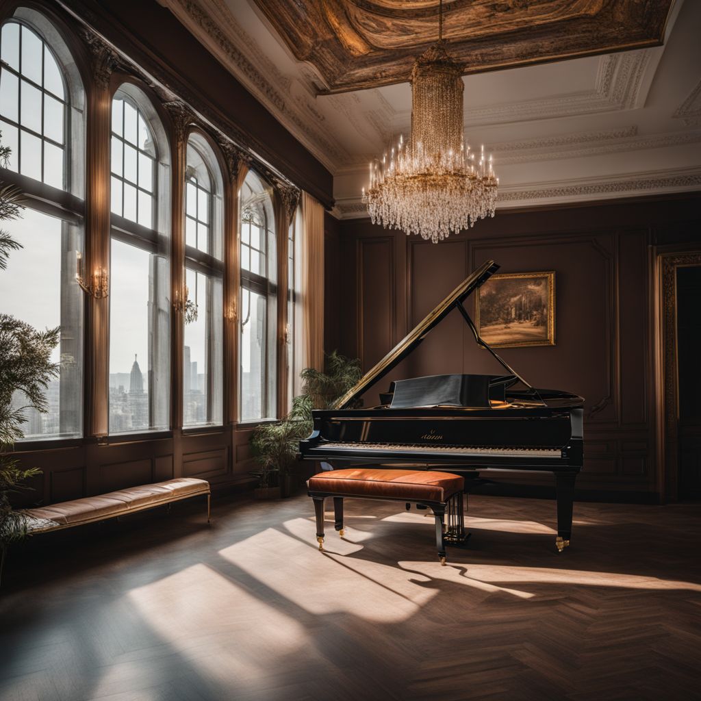 A photo of Hania Rani's piano framed by a cityscape.