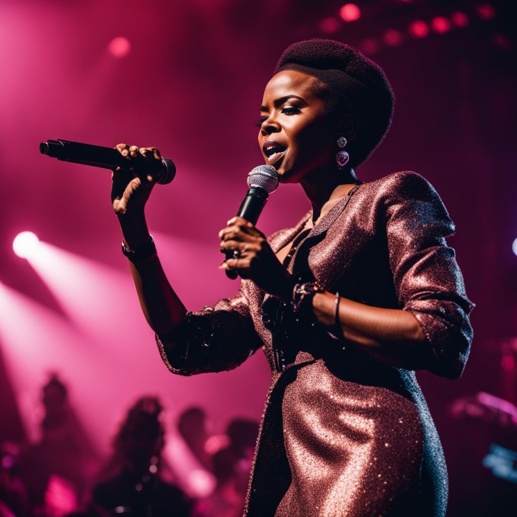 Ms Lauryn Hill performing live on stage at a concert with a bustling atmosphere.