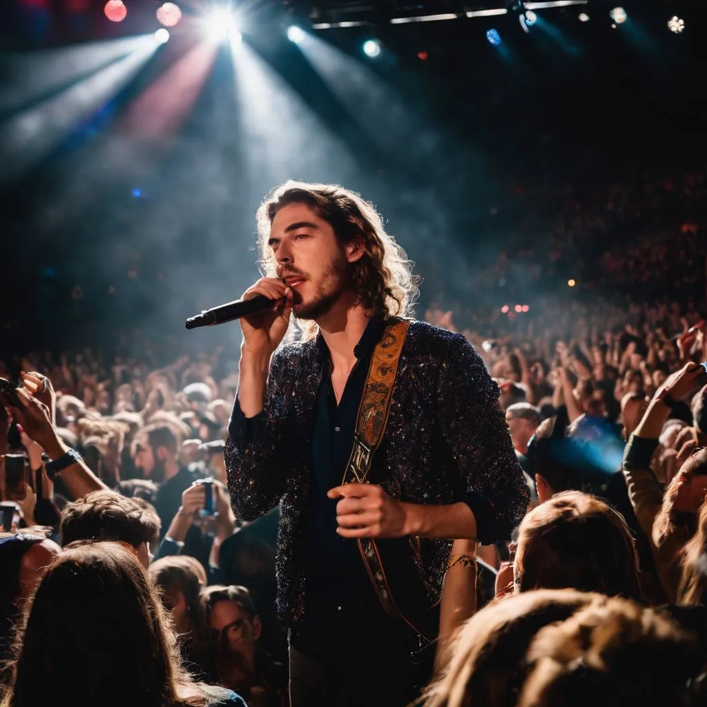 A captivated crowd at a Hozier concert, surrounded by vibrant stage lights.