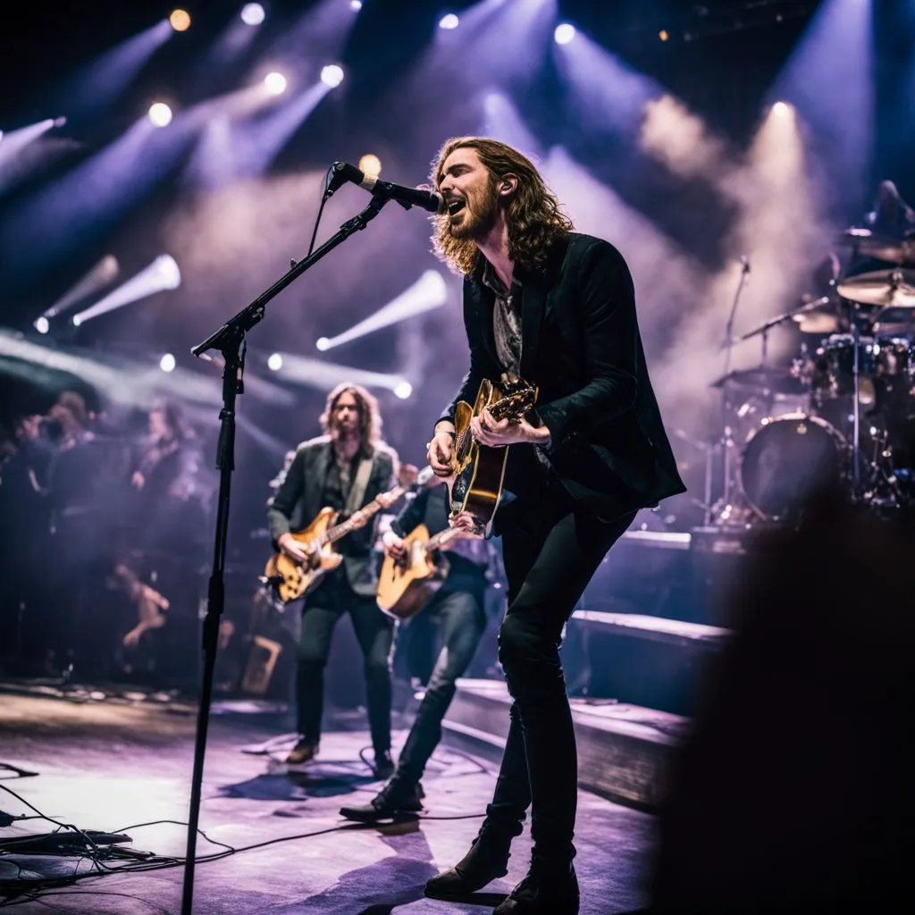 Hozier performing on stage in front of a cheering crowd.