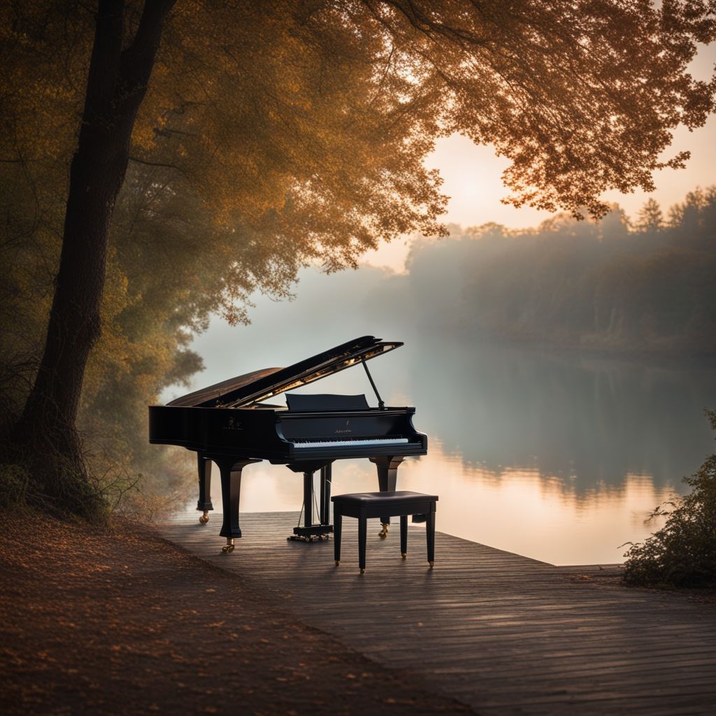 A grand piano sits elegantly on a misty lakeside in a bustling atmosphere.
