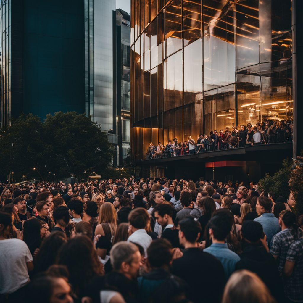 A diverse crowd eagerly waiting outside a concert venue.