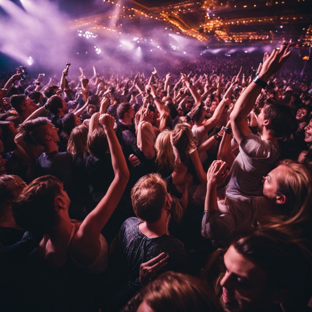 A crowd of diverse fans cheering at a lively concert venue.