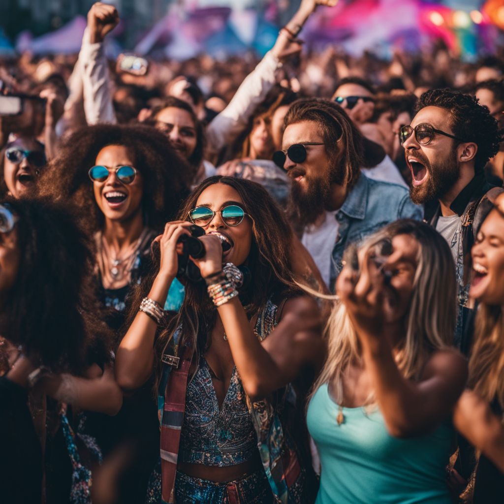 A lively music festival with a diverse crowd singing along.
