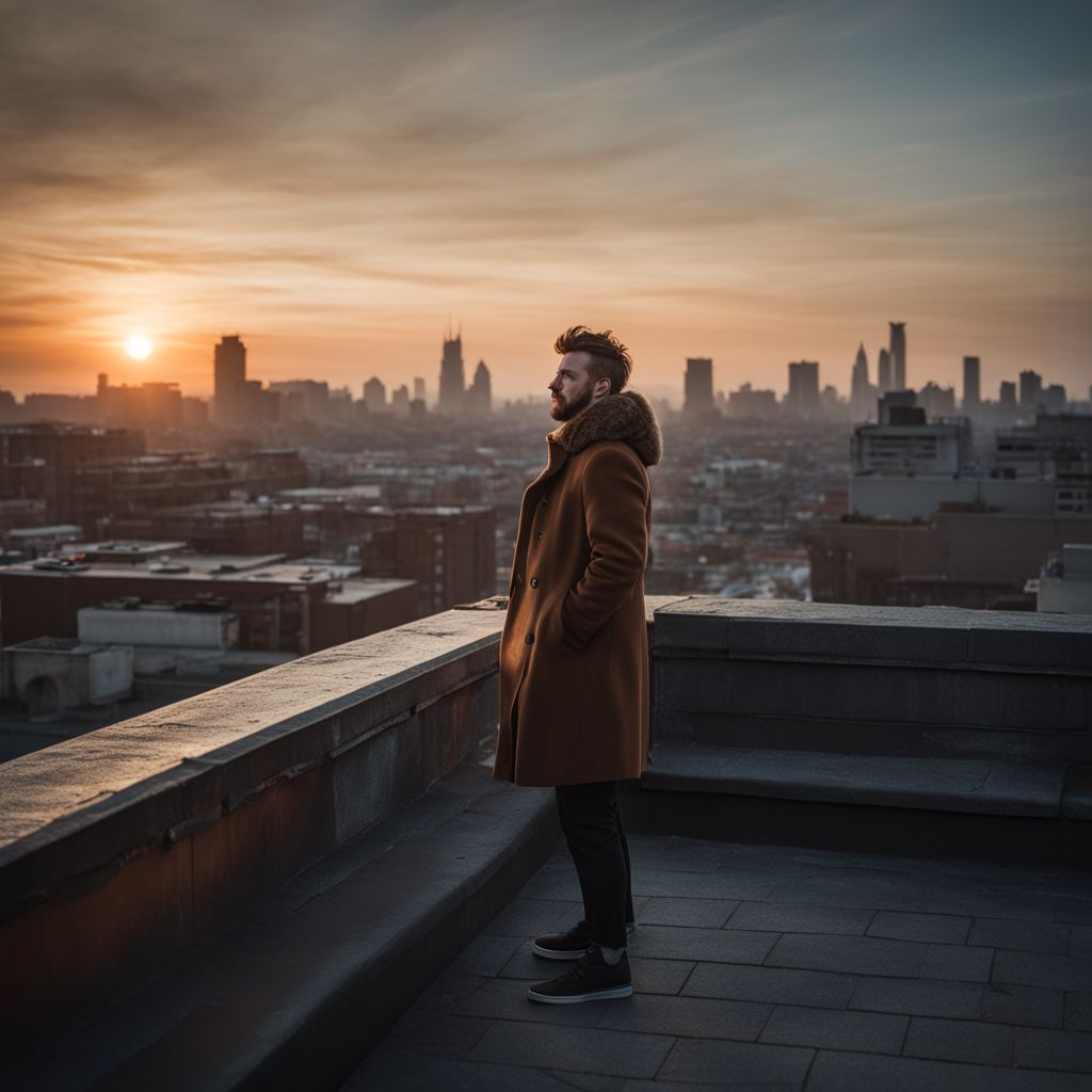 A distraught figure stands on a rooftop overlooking a city at sunset.