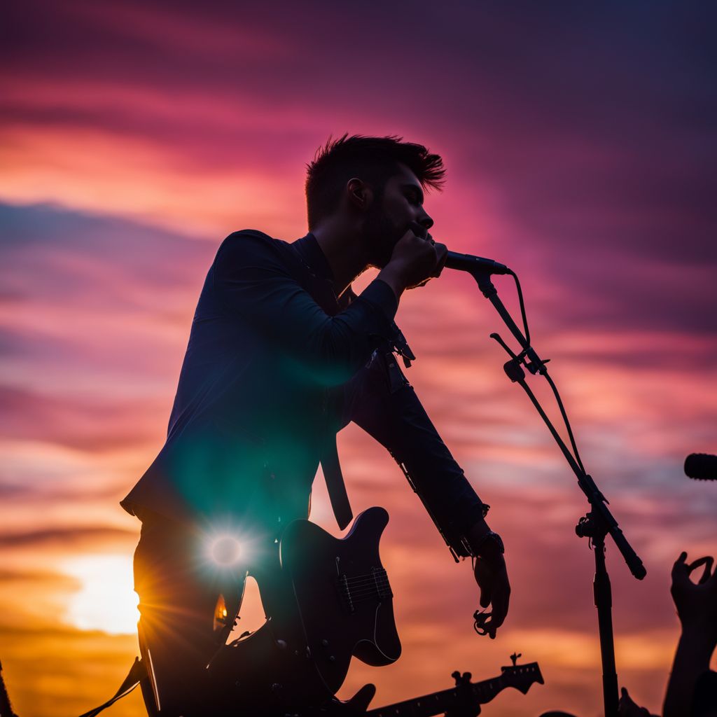 A scenic photo of a microphone and guitar against a colorful sunset.