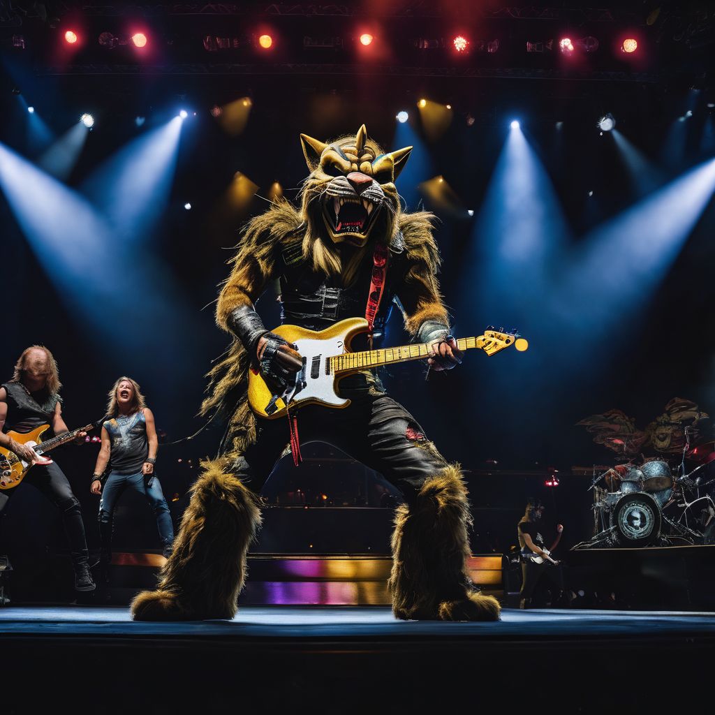 A dark concert stage with Iron Maiden's mascot, Eddie, in the background.