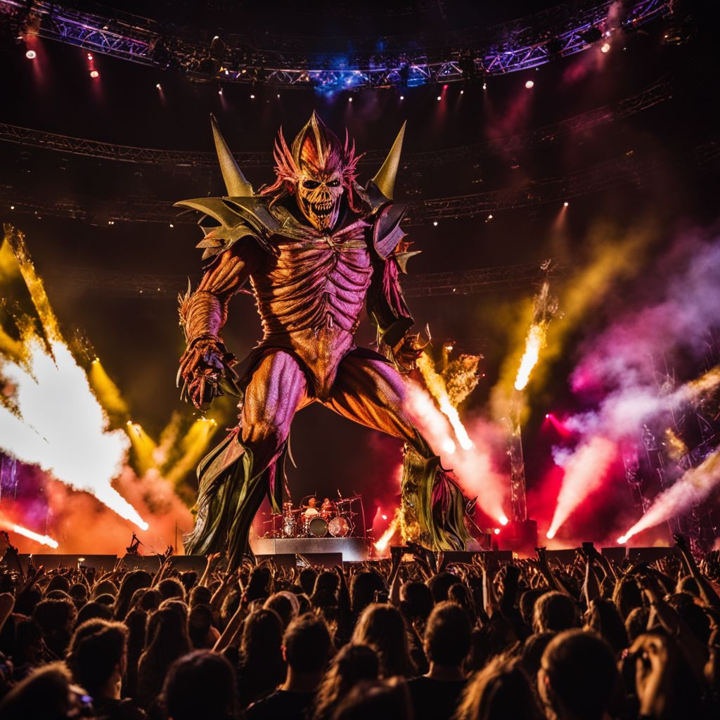 Iron Maiden performs in front of roaring fans on a grand stage.