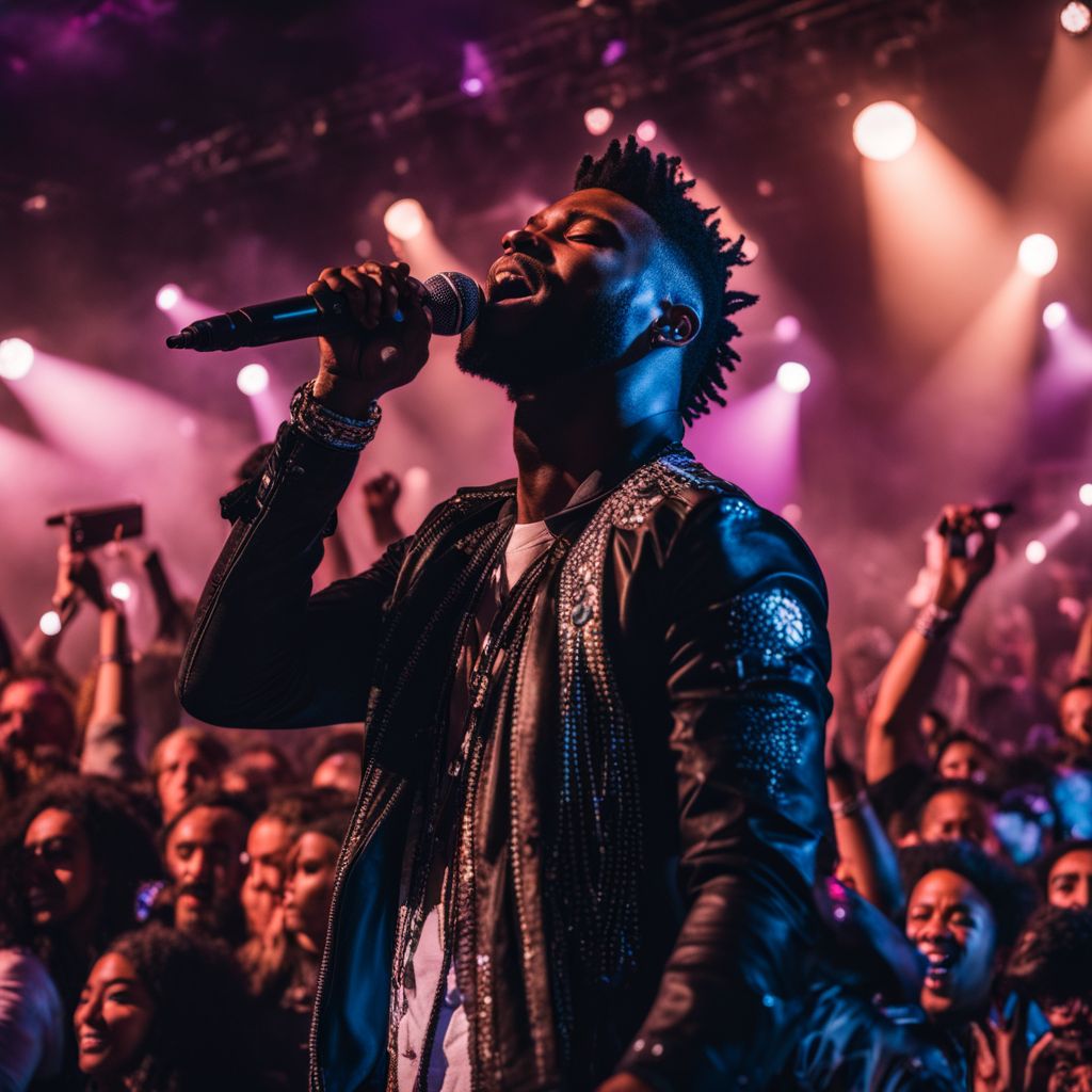 Jhayco performing on stage surrounded by a large crowd of fans.