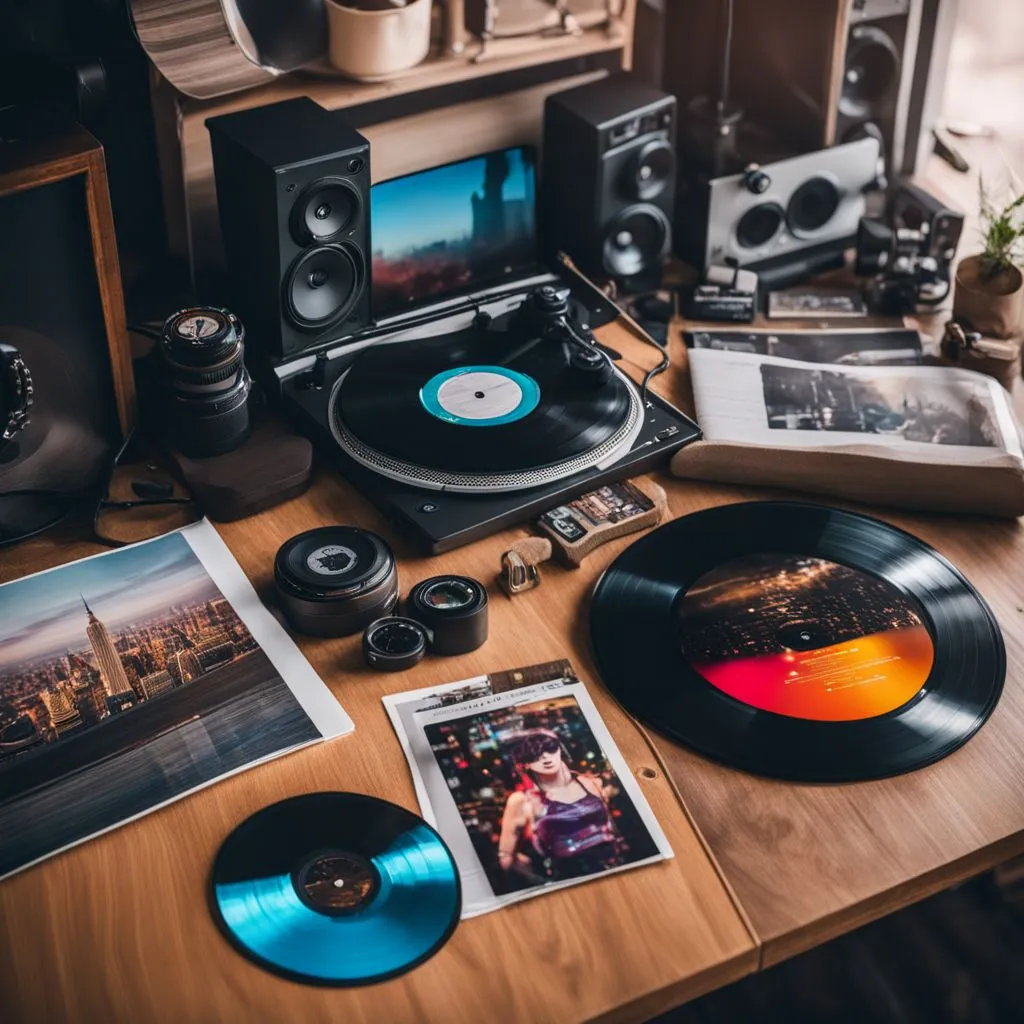 A vinyl record surrounded by music-themed accessories in a bustling city.