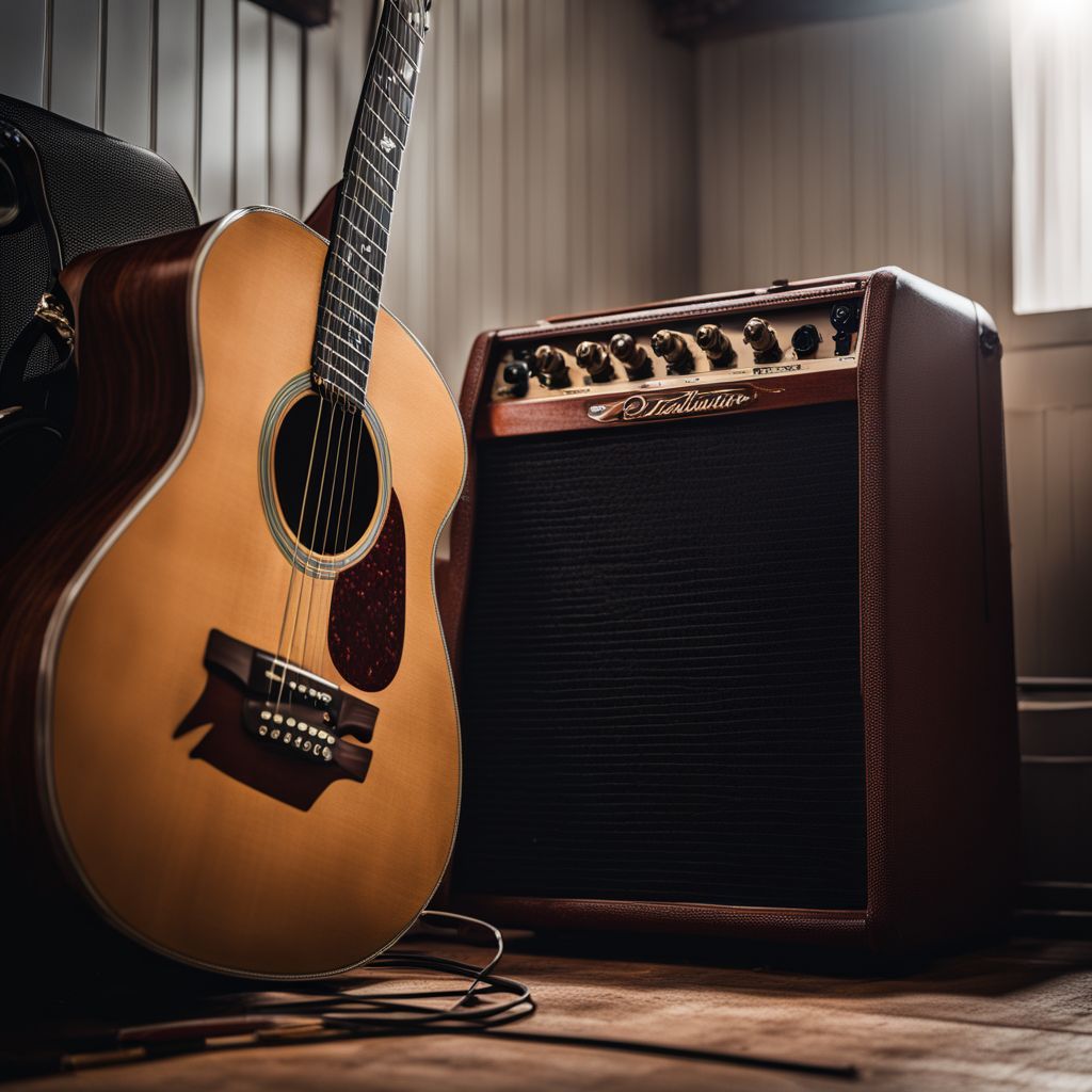 A photo of an acoustic guitar leaning against a vintage amplifier in a cozy backstage setting.