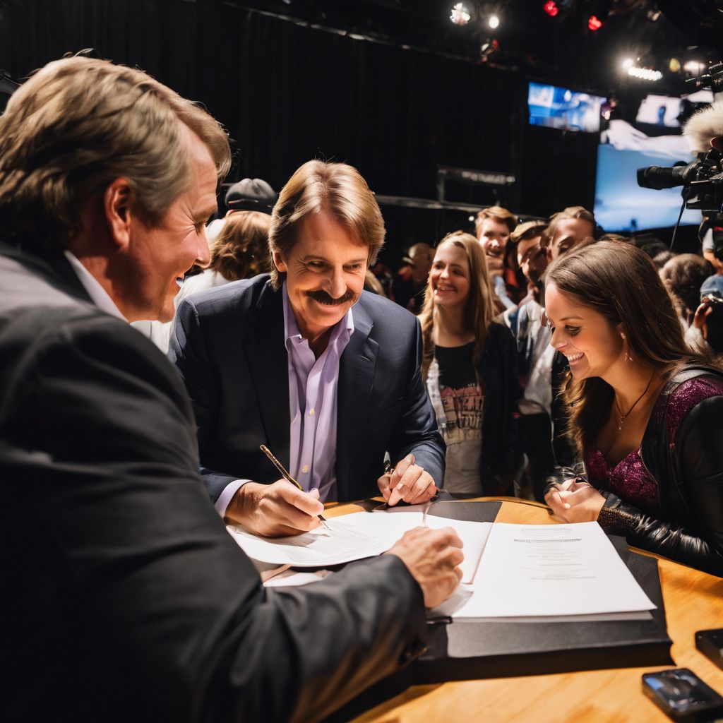 Jeff Foxworthy signing autographs surrounded by smiling fans backstage.