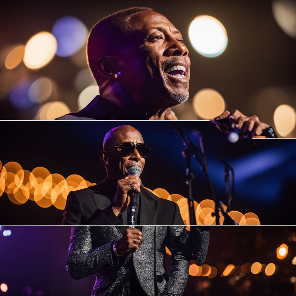 'Jeffrey Osborne performing on stage with a cityscape backdrop.'