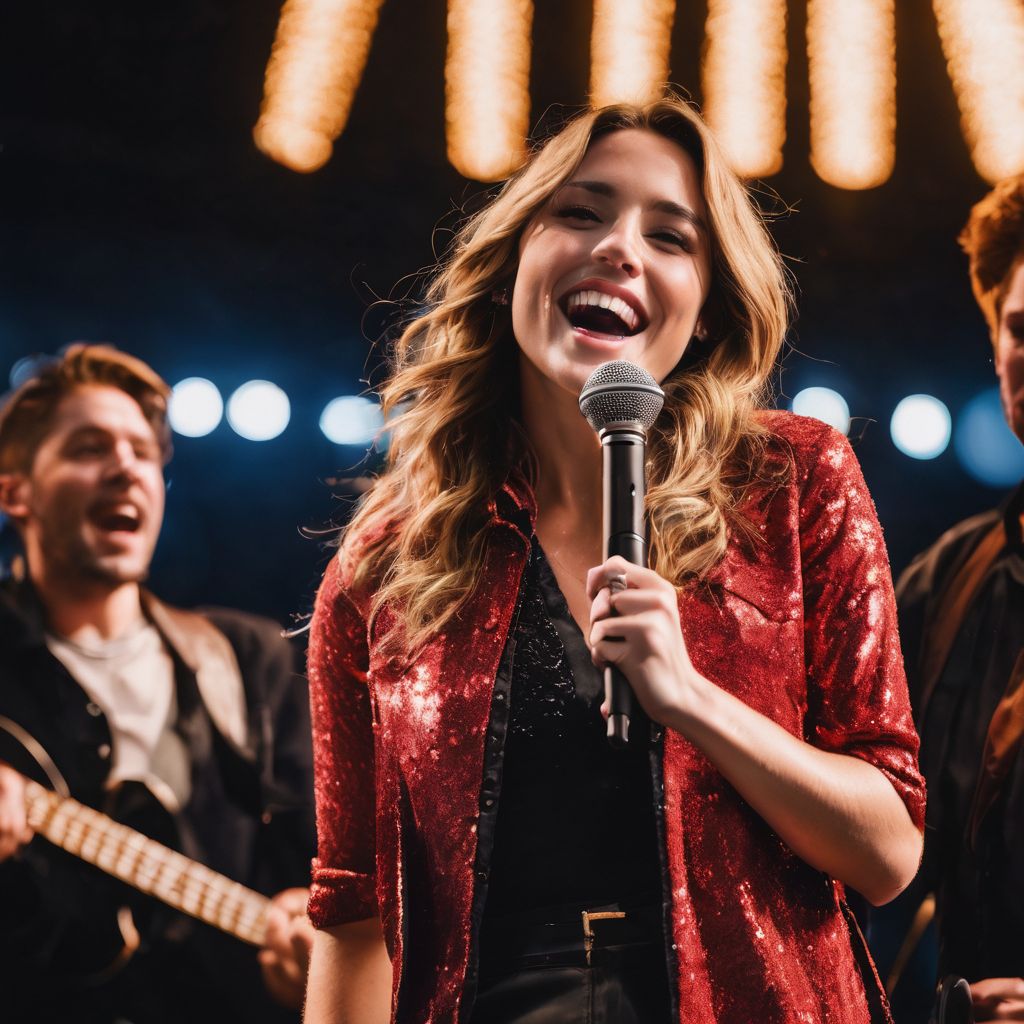 Comedian Jessica Kirson performs on stage to a laughing audience.