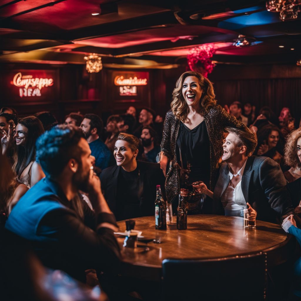 Jessica Kirson performing stand-up comedy in a packed club with a lively crowd.