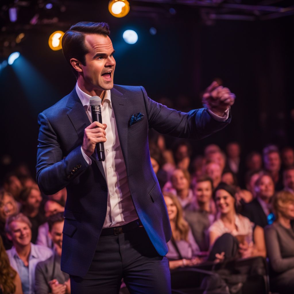 Jimmy Carr performing at a packed international comedy venue.