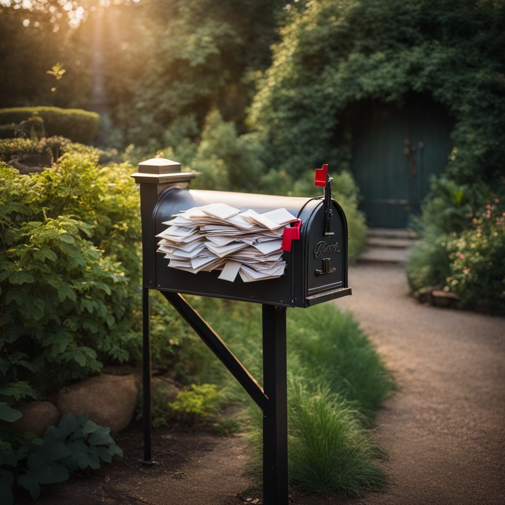 An overflowing vintage mailbox surrounded by envelopes in a lush garden.