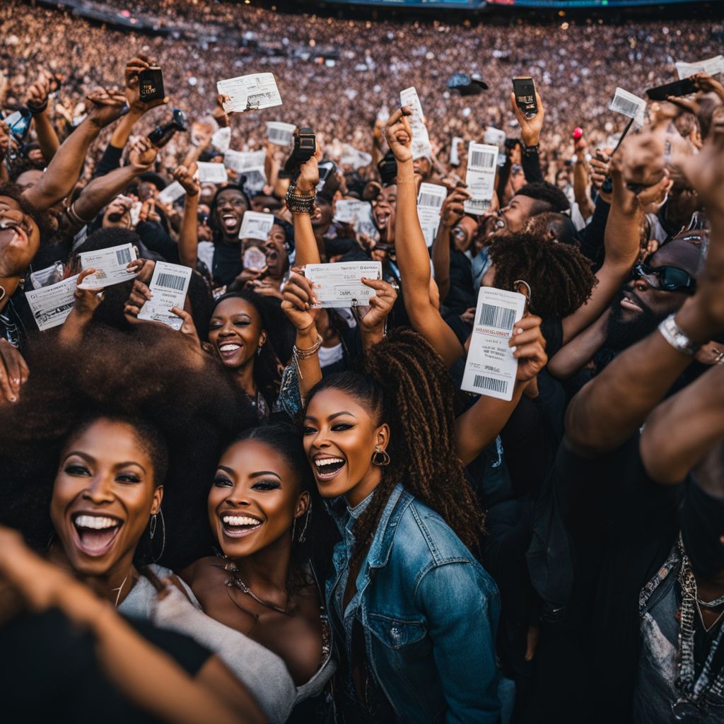 Excited concert-goers holding up Janet Jackson tickets at a stadium.