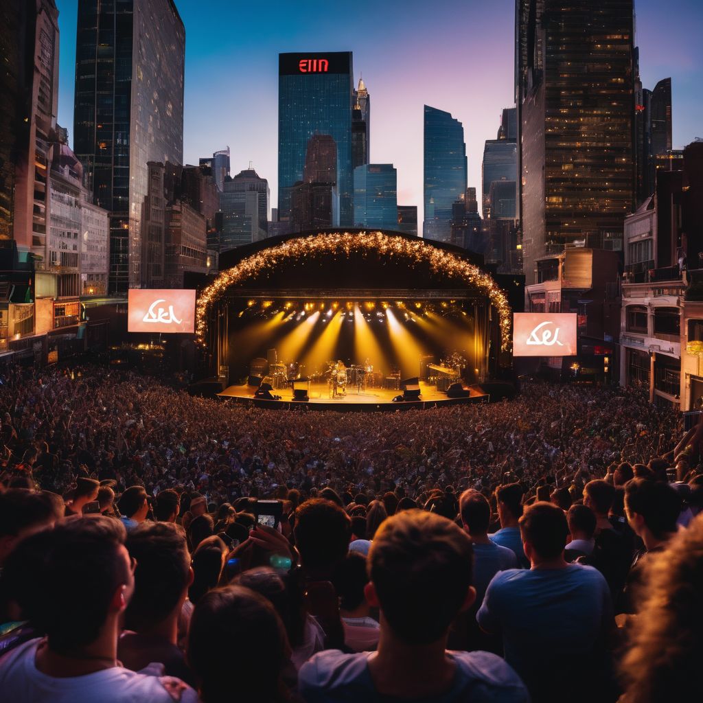 A vibrant AJR concert stage with enthusiastic fans and cityscape backdrop.