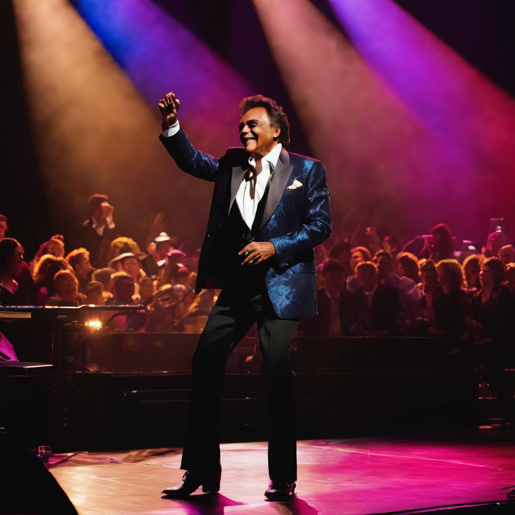 Johnny Mathis performing on stage, surrounded by enthusiastic fans.
