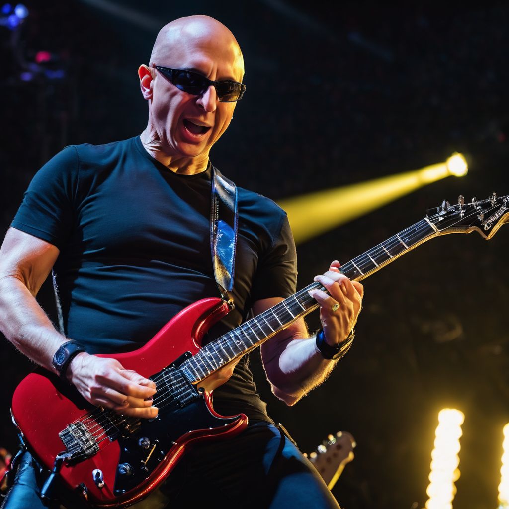 Joe Satriani performs on stage, surrounded by ecstatic concert fans.