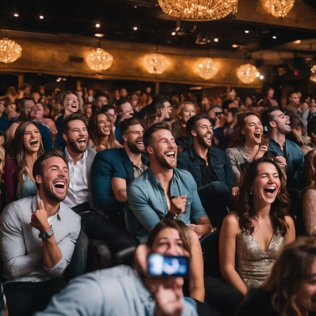 A diverse crowd enjoying a comedy show in a bustling venue.