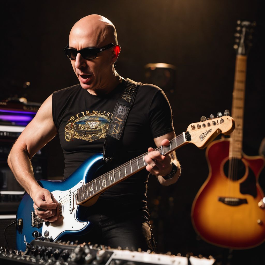 Joe Satriani coaching a diverse group of aspiring guitarists in a studio.