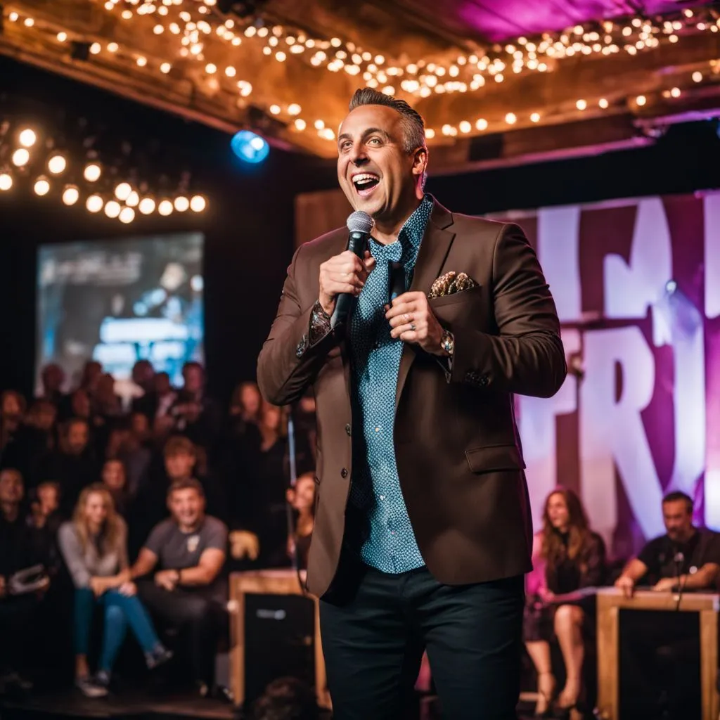 Joe Gatto performing stand-up comedy in front of a laughing audience.