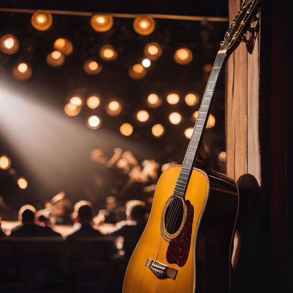 A vintage acoustic guitar on a well-lit stage with a bustling atmosphere.