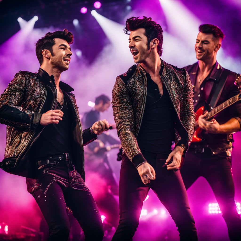 The Jonas Brothers performing at a music festival in various outfits.