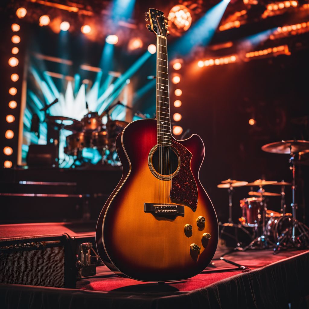 A vintage guitar on stage surrounded by vibrant concert lights.