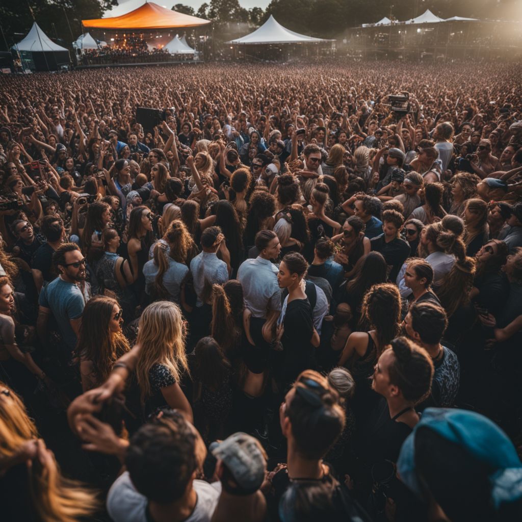 A massive crowd at an outdoor music festival enjoying a band's performance.