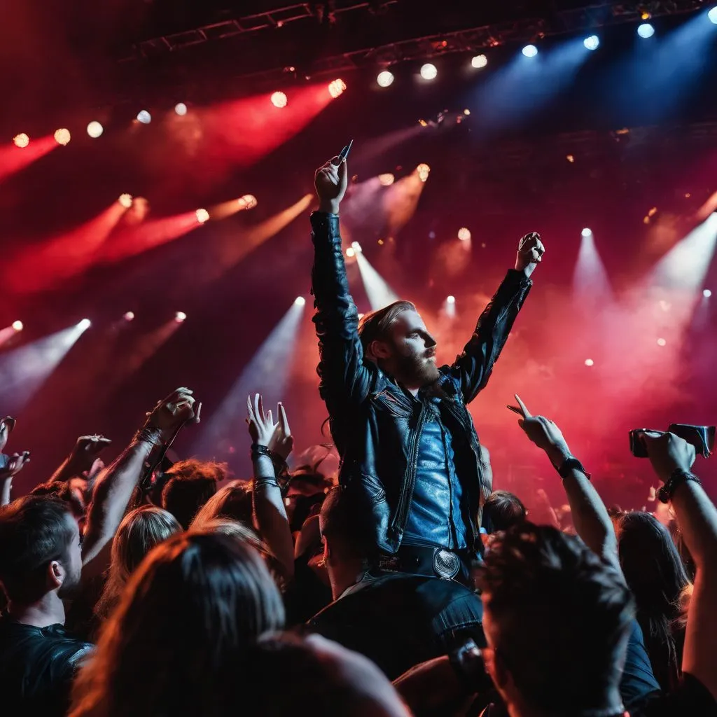 A crowd of headbanging fans enjoying a Judas Priest concert.